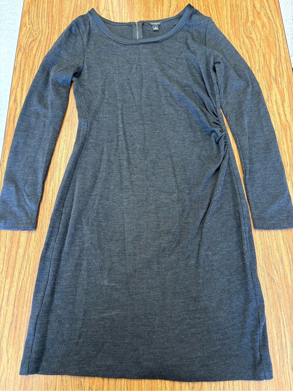 Ann Taylor Charcoal Long-Sleeve Side-Ruche Knit Dress